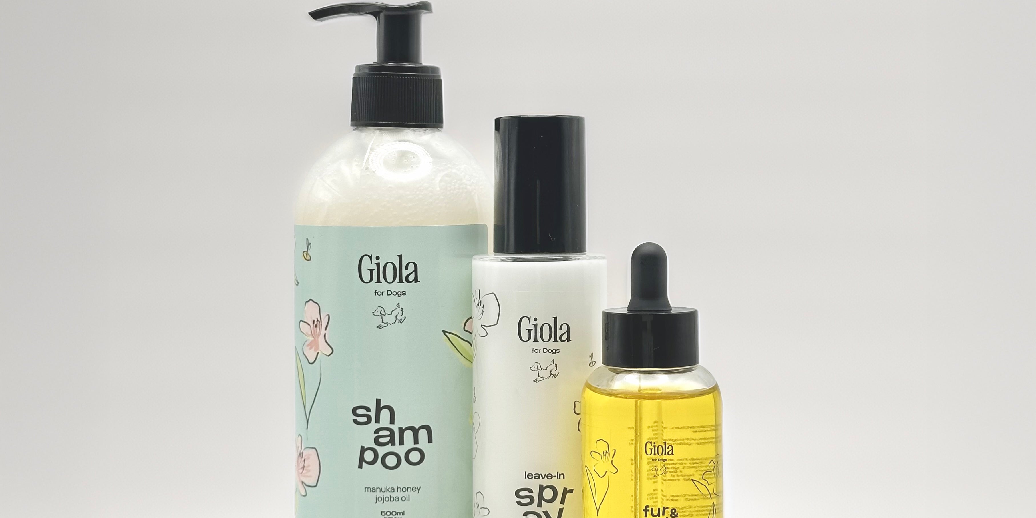 Giola Full Care Set für Hunde – Shampoo, Leave-In Spray (Fellspray) und Fur & Hair Oil (Fellöl) für glänzendes Fell & gepflegte Haut. Die optimale Fellpflegeroutine