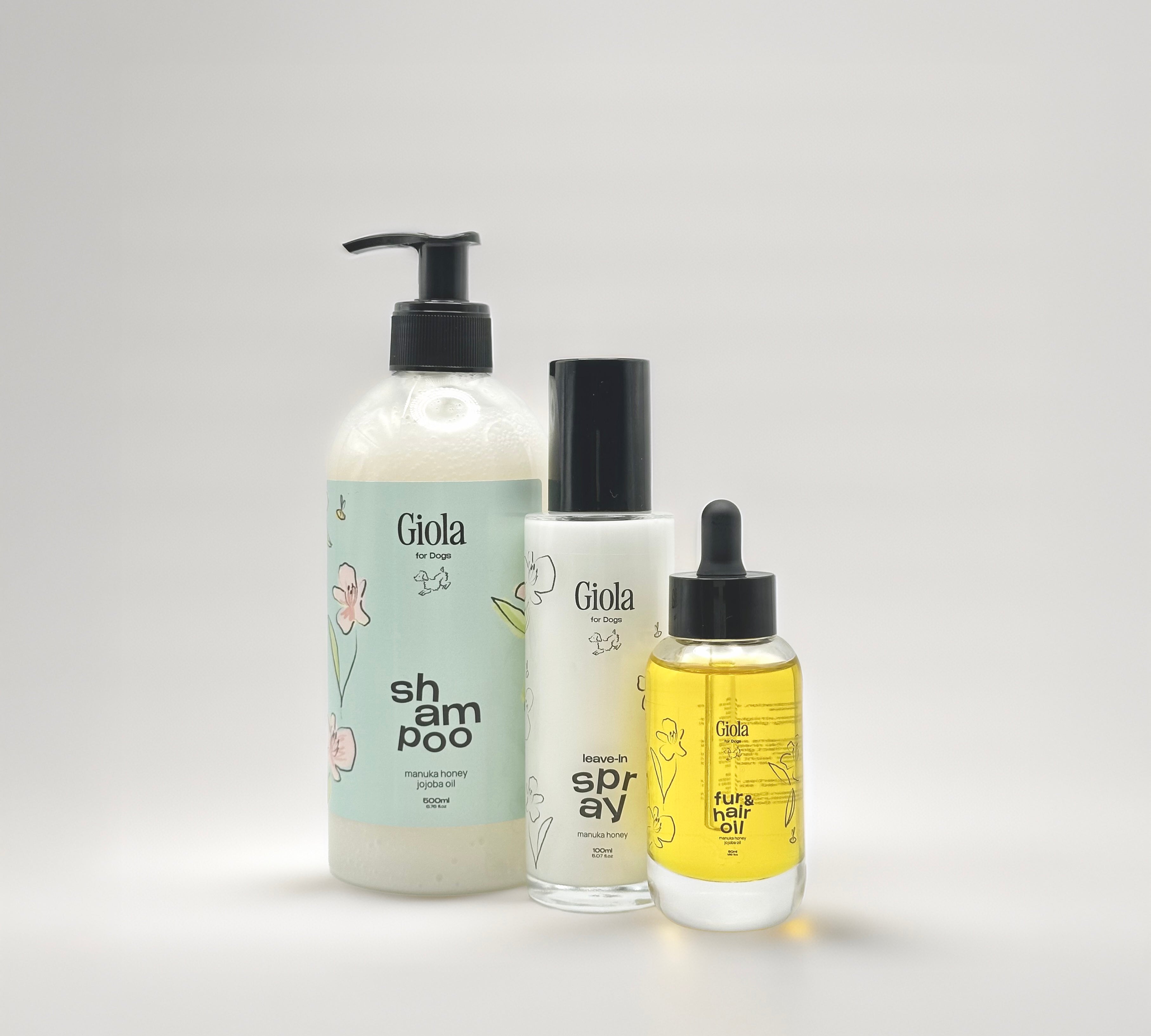 Giola Full Care Set für Hunde – Shampoo, Leave-In Spray (Fellspray) und Fur & Hair Oil (Fellöl) für glänzendes Fell & gepflegte Haut. Die optimale Fellpflegeroutine