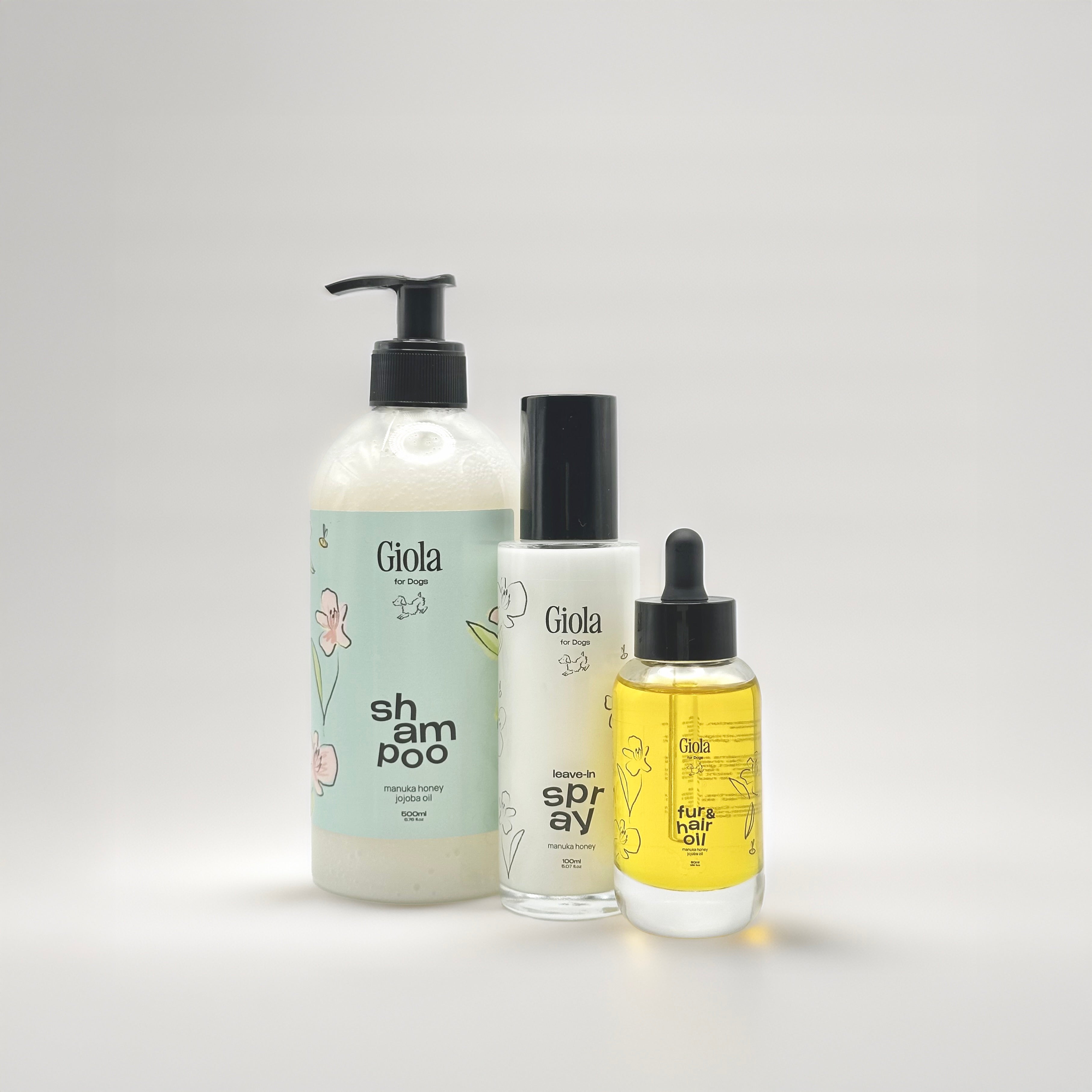 Giola Full Care Set für Hunde – Shampoo, Leave-In Spray (Fellspray) und Fur & Hair Oil (Fellöl) für glänzendes Fell & gepflegte Haut. Die optimale Fellpflegeroutine